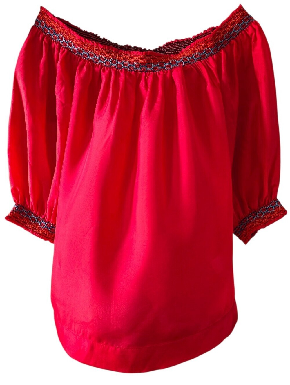Trina Turk Red Off-Shoulder Silk Peasant Blouse Size Small